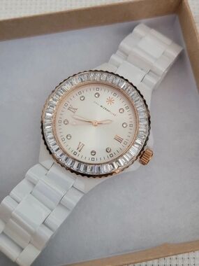 Isaac Mizrahi White and Rose Gold Crystal Accent Women's Watch